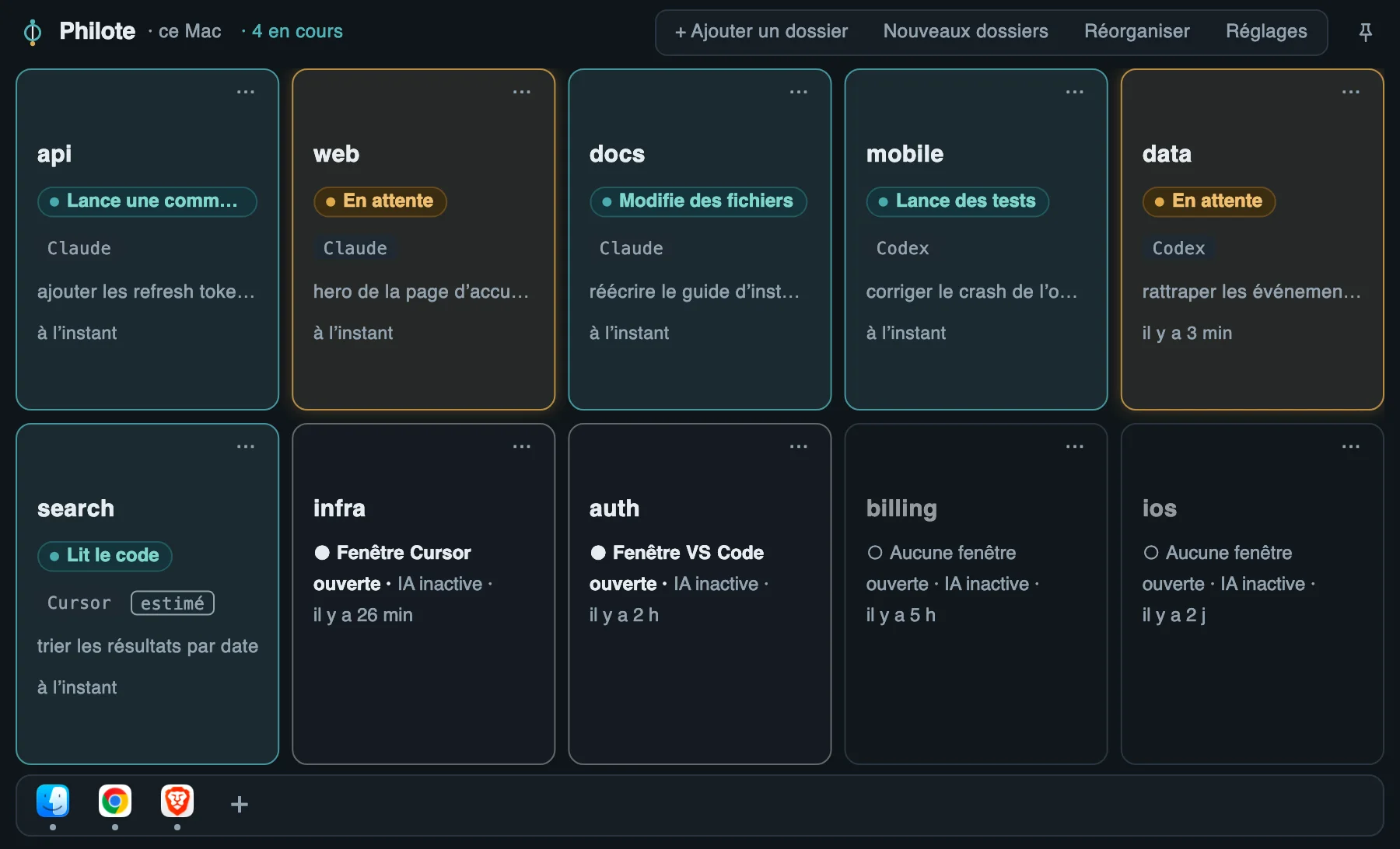 Le tableau Philote sur un Mac : dix cartes de projet — quatre agents en cours, deux en attente, et quatre projets inactifs qui indiquent si la fenêtre de leur éditeur est ouverte. En bas, une rangée de raccourcis d’apps (Finder, Chrome, Brave).